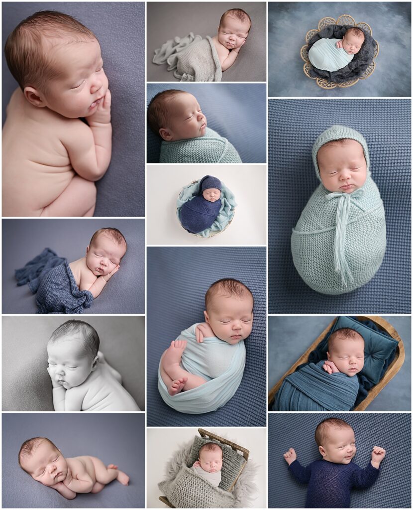 Two week old newborn baby boy is photographed by Cherilyn Haines Photography at her studio in Baton Rouge, Louisiana. Baby boy's studio newborn session is styled with shades of blues and grays.