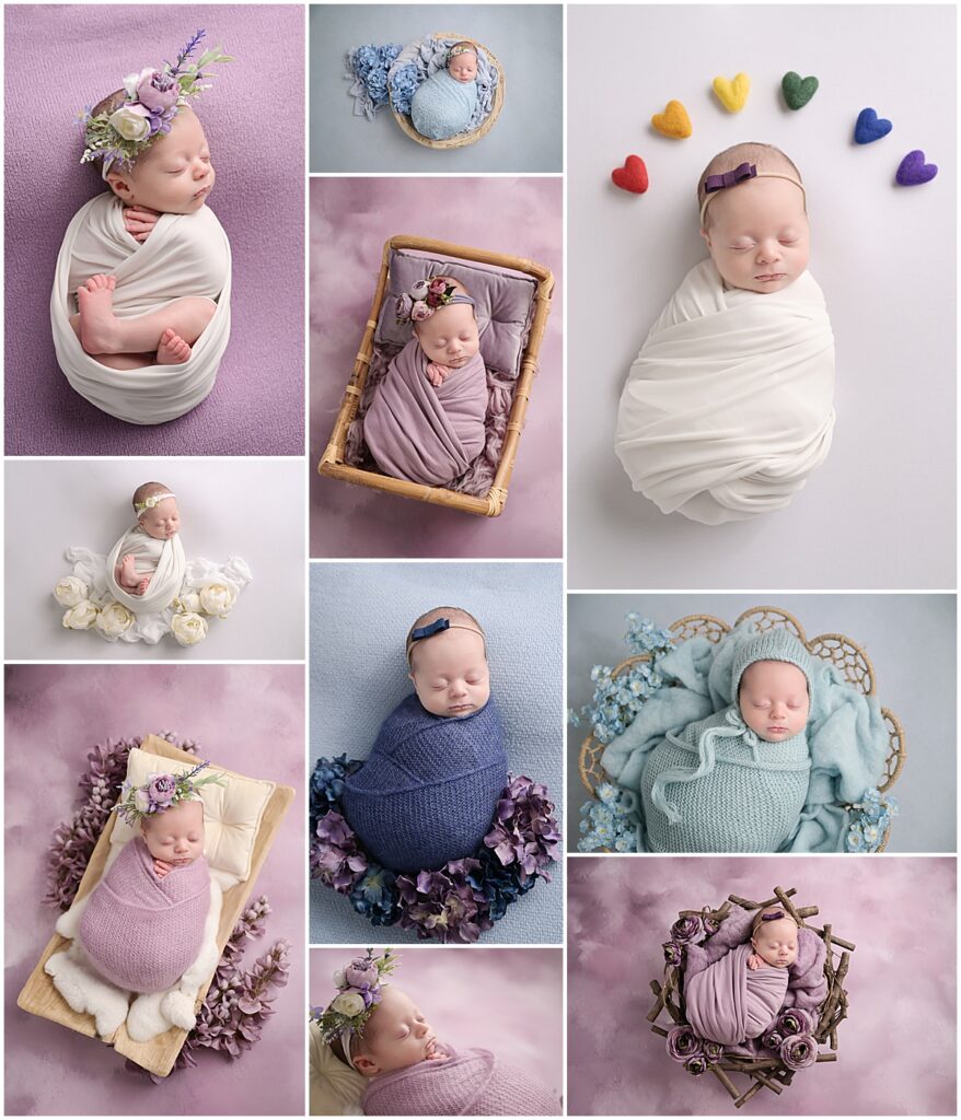 1 month old preemie newborn portrait session in Baton Rouge, Louisiana with Cherilyn Haines Photography. Baby girl newborn session styled with purples and blues and a rainbow baby theme.
