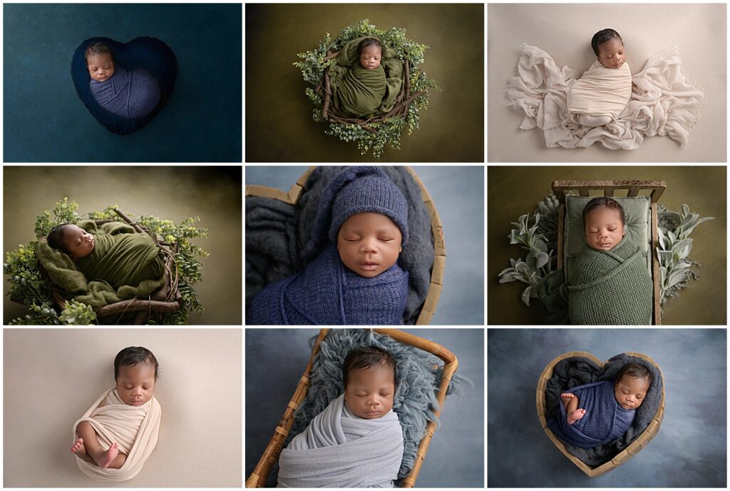 6 week old newborn baby boy is photographed at Cherilyn Haines Photography's studio in Baton Rouge, Louisiana. His newborn session was styled with shades of blues and greens as well as some neutrals.