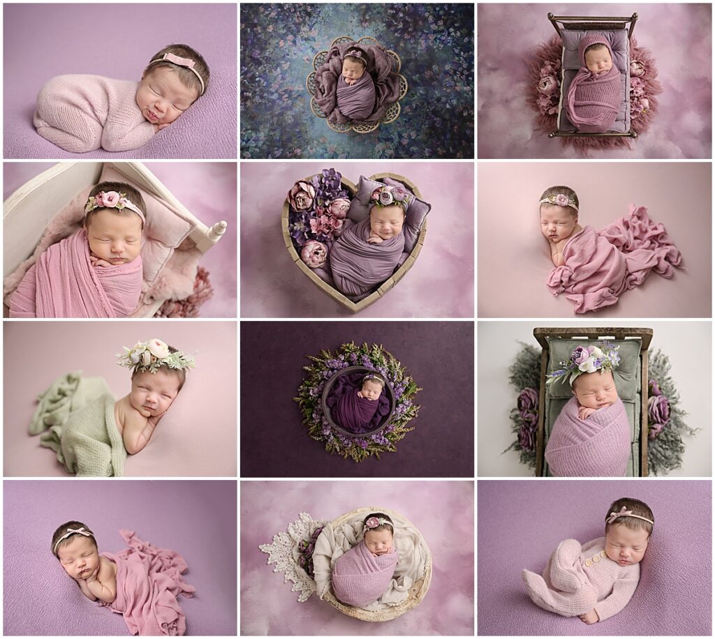 9 day old newborn baby girl is photographed at her newborn session with Cherilyn Haines Photography. Her session was styled with pink and purple blankets and lots of florals; Cherilyn Haines is a fine art maternity, newborn, and baby photographer in Baton Rouge, Louisiana.