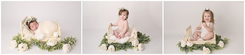 baby girl is photographed on the same prop and setup as a newborn, a 6 month old, and a 1 year old
