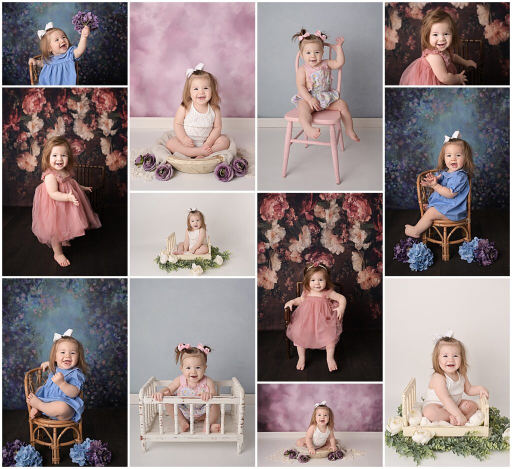 1 year old portrait session of baby girl on floral backdrops in Baton Rouge, Louisiana. Cherilyn Haines has photographed this baby girl as a newborn, a 6 month old, and a 1 year old.