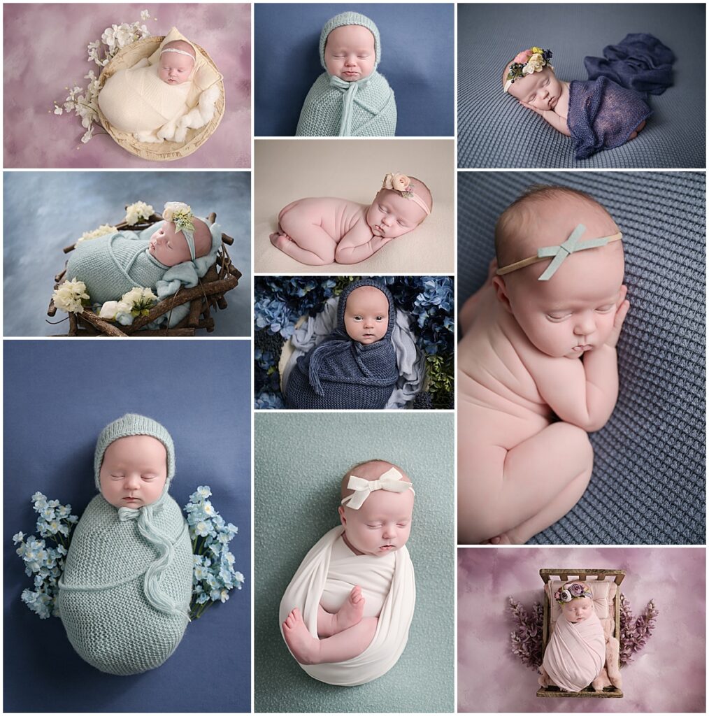 18 day old newborn baby girl is photographed by Cherilyn Haines photography at her studio in Baton Rouge, Louisiana. Her newborn session was styled with different shades of blues and purples. 