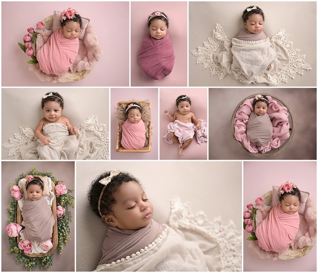 2 month old baby girl is photographed by Cherilyn Haines photography at her studio in Baton Rouge, louisiana. She was photographed smiling and awake as well as swaddled and sleeping.