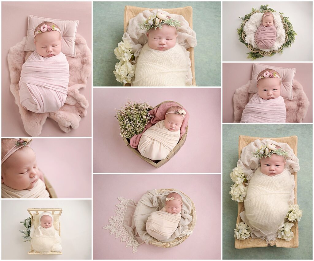 11 day old newborn baby girl is photographed in different swaddles and props for her newborn session with Cherilyn Haines Photography in Baton Rouge, Louisiana.