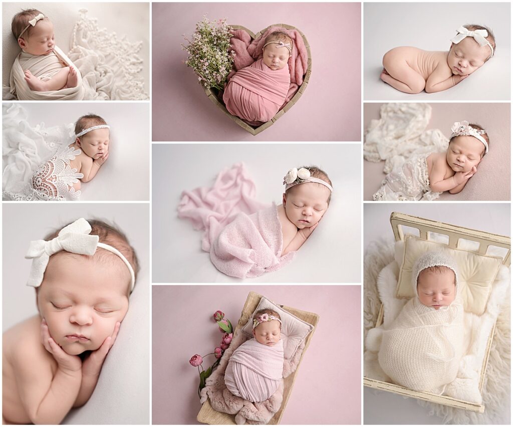 9 day old tiny newborn baby girl has her newborn session with Cherilyn Haines Photography in Baton Rouge, Louisiana. Her newborn session is styled with neutrals, pinks, and lace accents. 