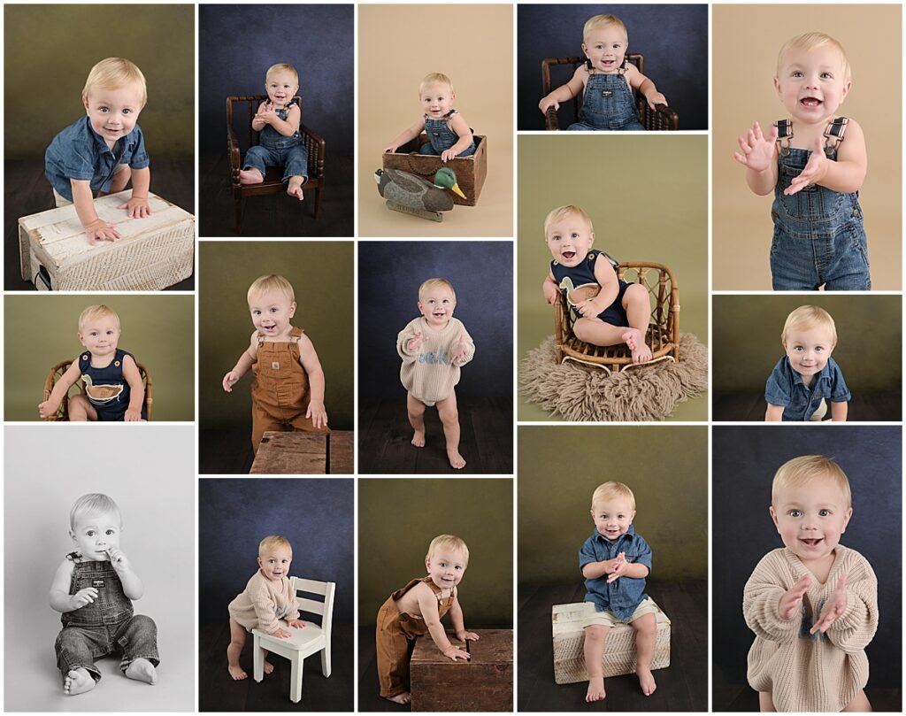 1 year portrait session with Cherilyn Haines Photography at her studio in Baton Rouge, Louisiana. 1 year old boy with duck hunting themed portrait session