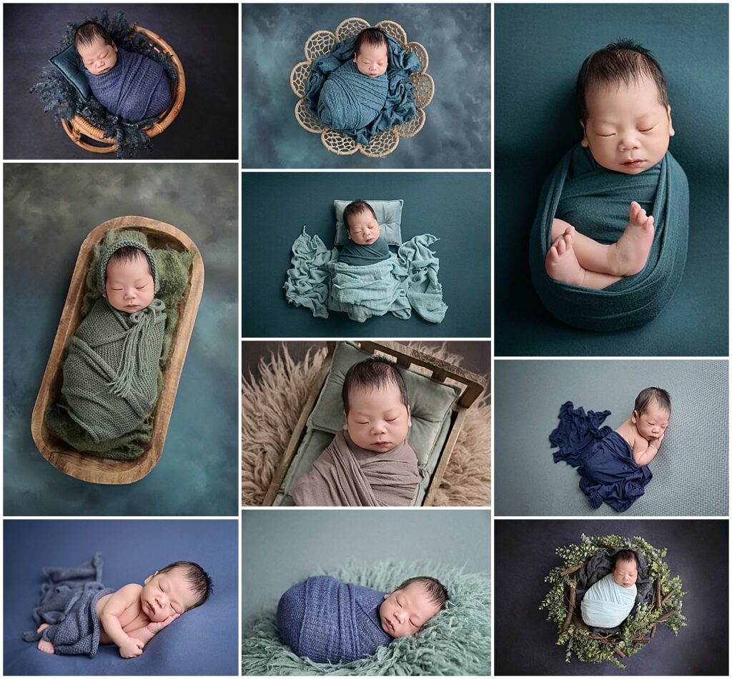 13 day old newborn baby boy is photographed by Cherilyn Haines photography at her studio in Baton Rouge, louisiana. His session was styled with shades of blues, teals, and greens.