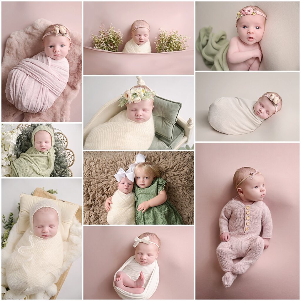 10 day old newborn baby girl is photographed by Cherilyn Haines photography at her studio in Baton Rouge, louisiana. Her newborn session was styled with pinks, soft greens, neutrals, and floral accents.