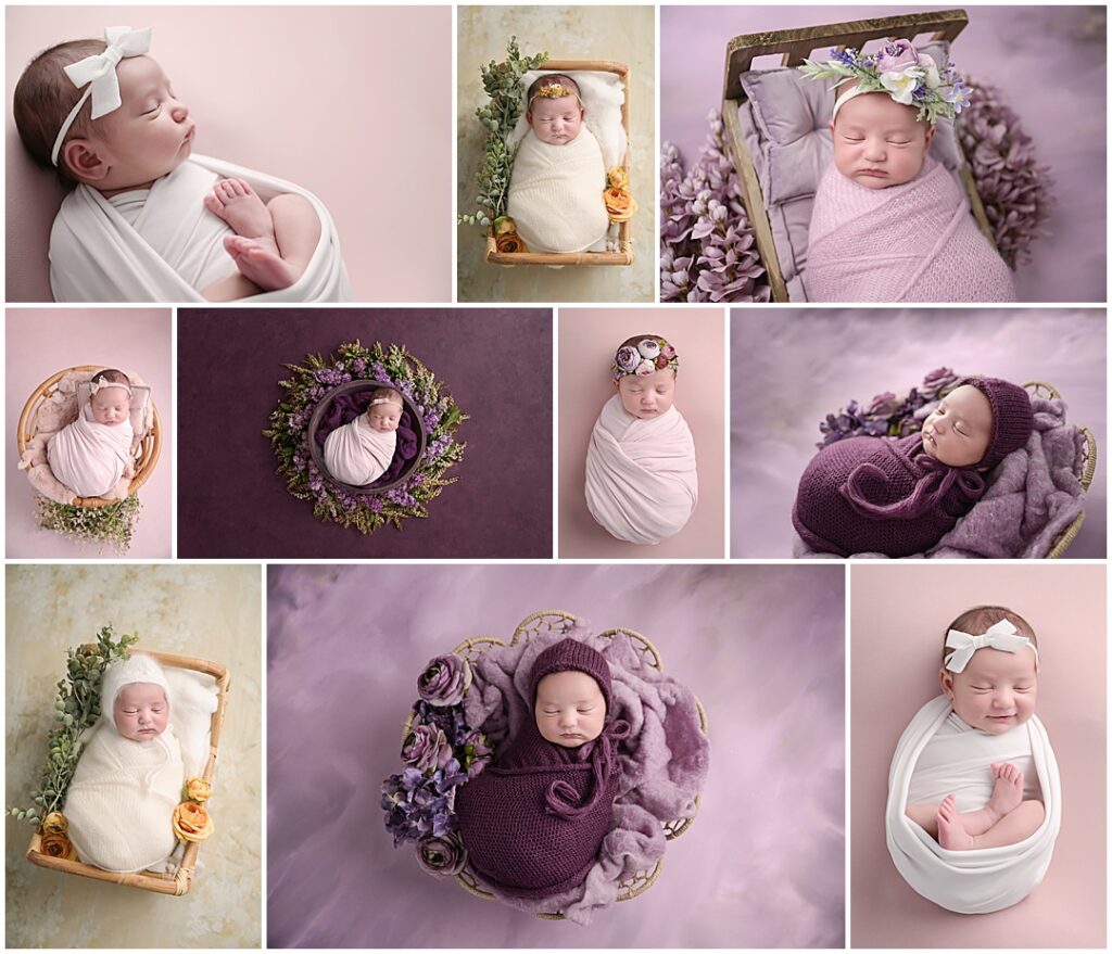 12 day old newborn baby girl is photographed swaddled in different shades of pinks, purples, and white for her newborn session with Cherilyn Haines Photography in Baton Rouge, Louisiana.