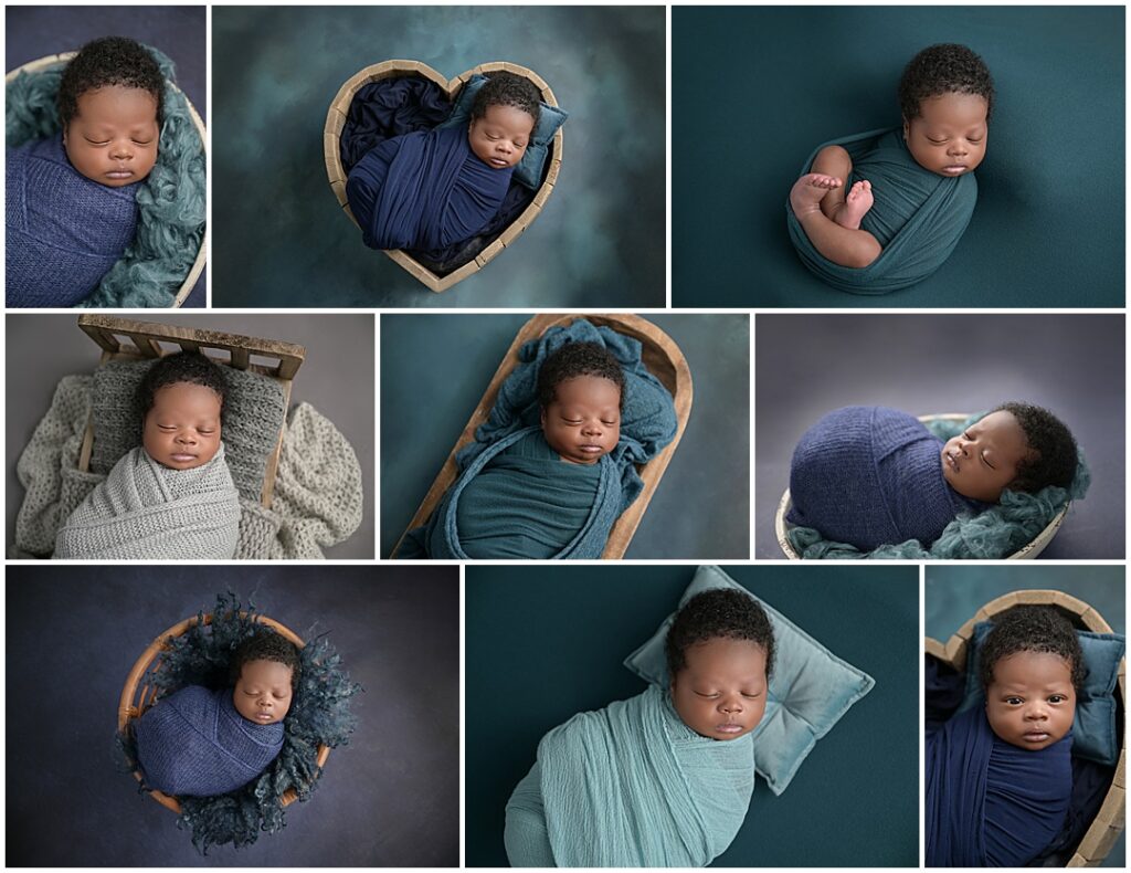 3 week old newborn baby boy is photographed swaddled in blues and teals for his newborn session with Cherilyn Haines Photography at her studio in Baton Rouge, Louisiana.