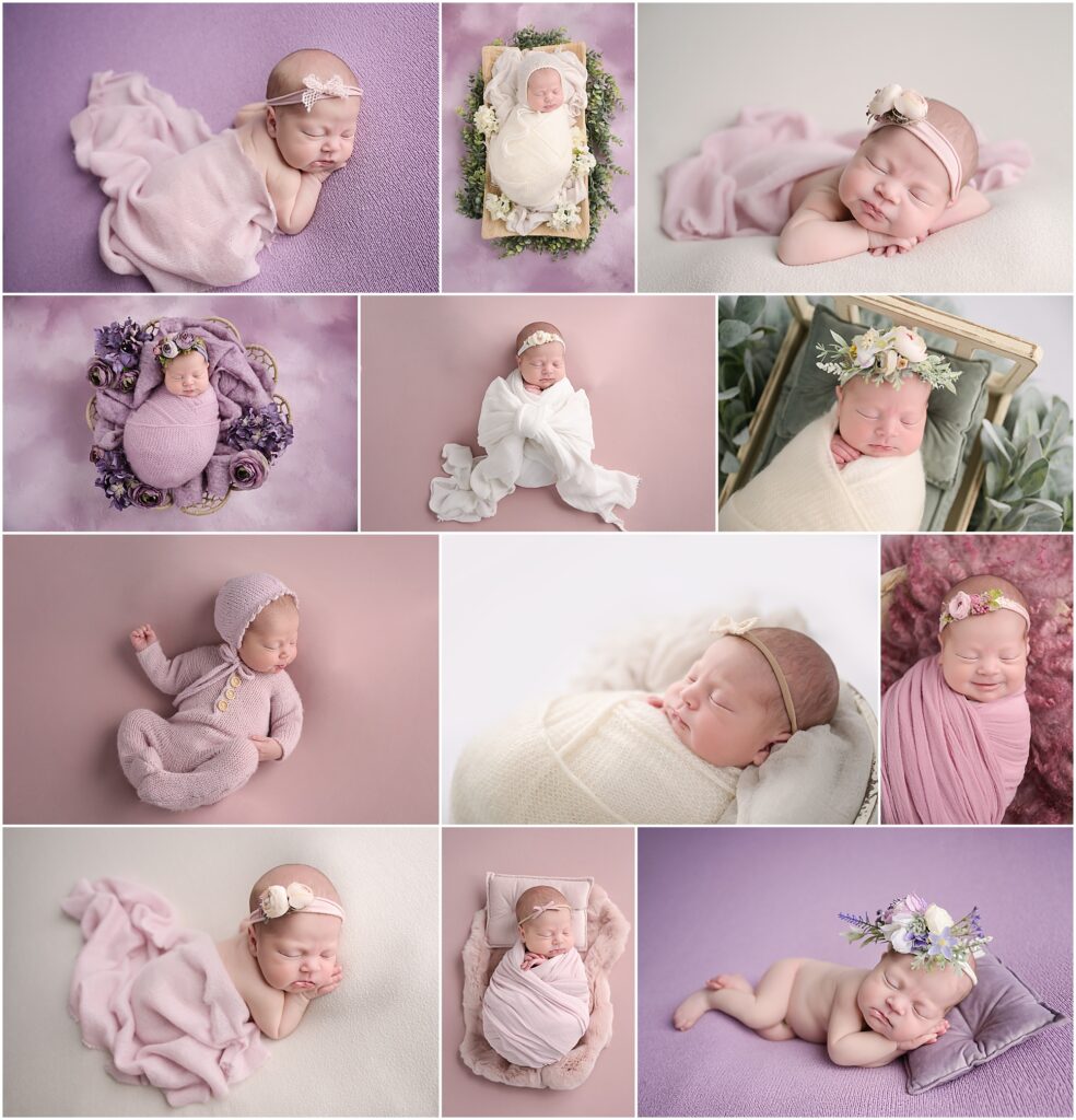 11 day old newborn baby girl is photographed at her newborn session with Cherilyn Haines Photography in Baton Rouge, Louisiana. Her newborn session is styled with pinks and purples and touches of greenery and florals.