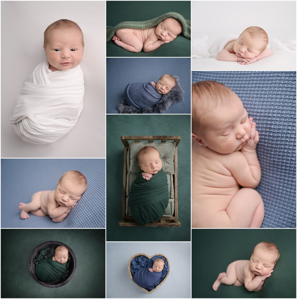7 day old newborn baby boy is photographed on blue, white, and green blankets at his newborn portrait session with Cherilyn Haines Photography in Baton Rouge, Louisiana.