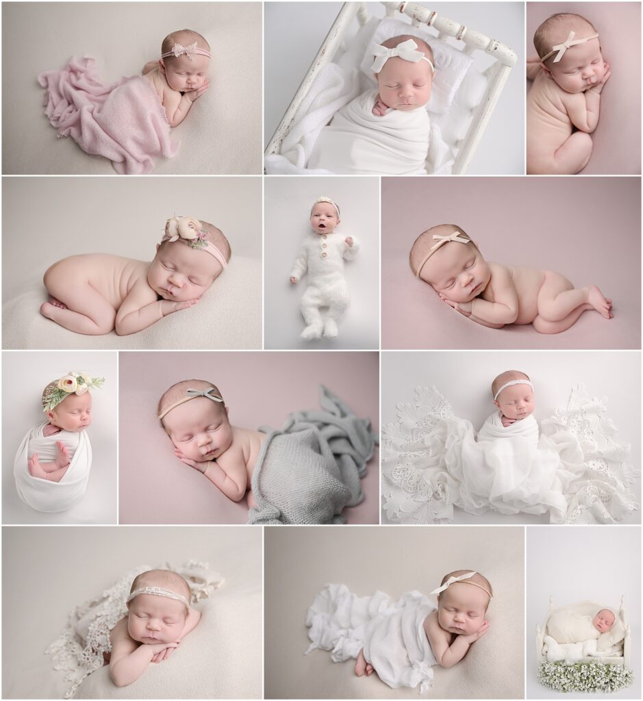 14 day old newborn baby girl is photographed on pink and white blankets and props. She is photographed sleeping and awake by Cherilyn Haines Photography at her studio in Baton Rouge, Louisiana.