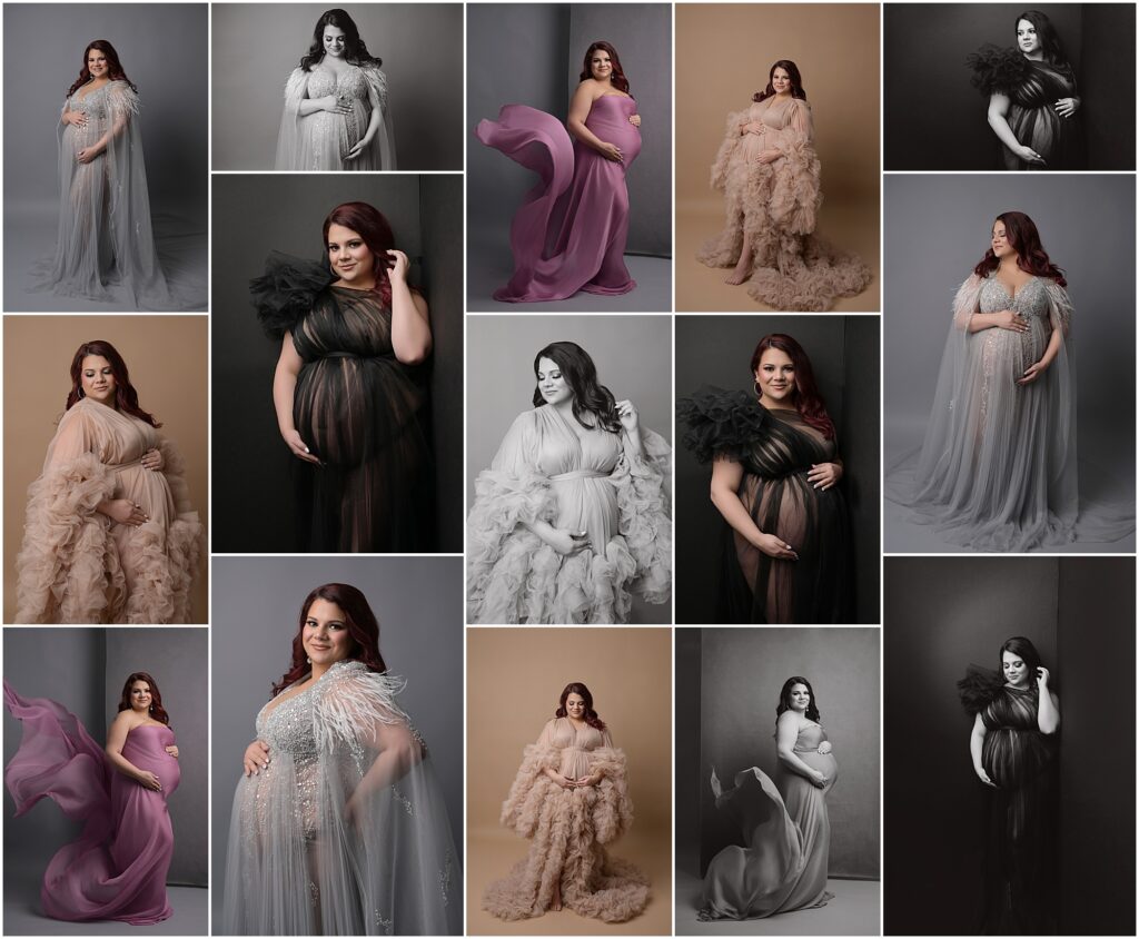 fine art studio maternity portrait session in Baton Rouge Louisiana with Cherilyn Haines Photography. Louisiana maternity session with tossing fabrics, sequin maternity gowns, and couture gowns.