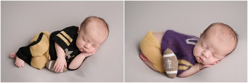 lsu-themed newborn portraits, New Orleans saints themed newborn session