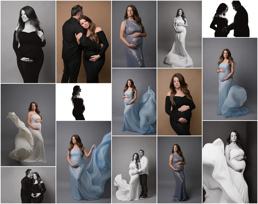 Fine art studio maternity session in Baton Rouge, Louisiana with Cherilyn Haines Photography; client wears 4 options from the studio maternity client closet - black gown and 3 tossing fabrics in white and blue