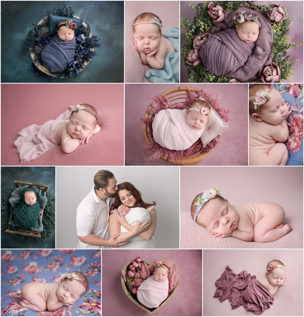 Newborn Portrait Session in Baton Rouge, Louisiana with Cherilyn Haines Photography; 11 day old baby girl is photographed on blue floral fabric, in small wooden bed, and with lots of pretty floral setups. 
