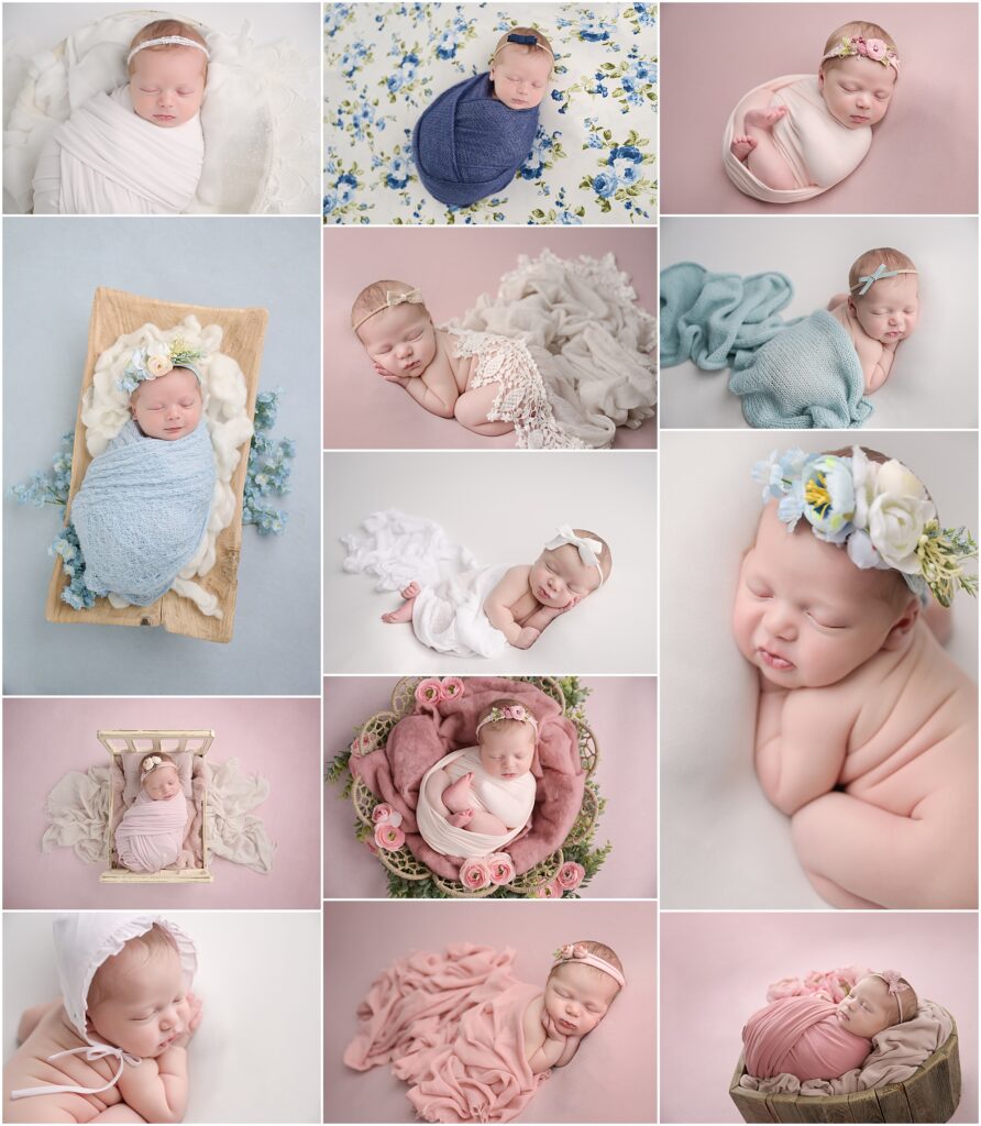 11 day old newborn girl is photographed on blue floral fabric as well as pink fabrics and girly props. Newborn session with Cherilyn Haines Photography in Baton Rouge, Louisiana.