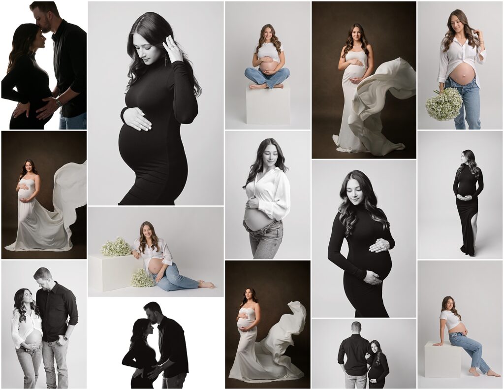 studio maternity portrait session in Baton Rouge, Louisiana with Cherilyn Haines Photography. Pregnant mom is photographed in a form-fitting black dress, a casual jeans and white shirt, and a glamorous white tossing fabric. 