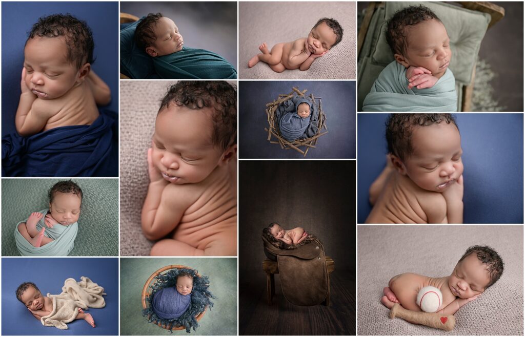 8 day old newborn baby boy is photographed by Cherilyn Haines photography at her studio in Baton Rouge, Louisiana. His newborn session was styled using blankets in blues, light greens, and browns. He was photographed laying on a saddle and also posed with a tiny baseball and bat.