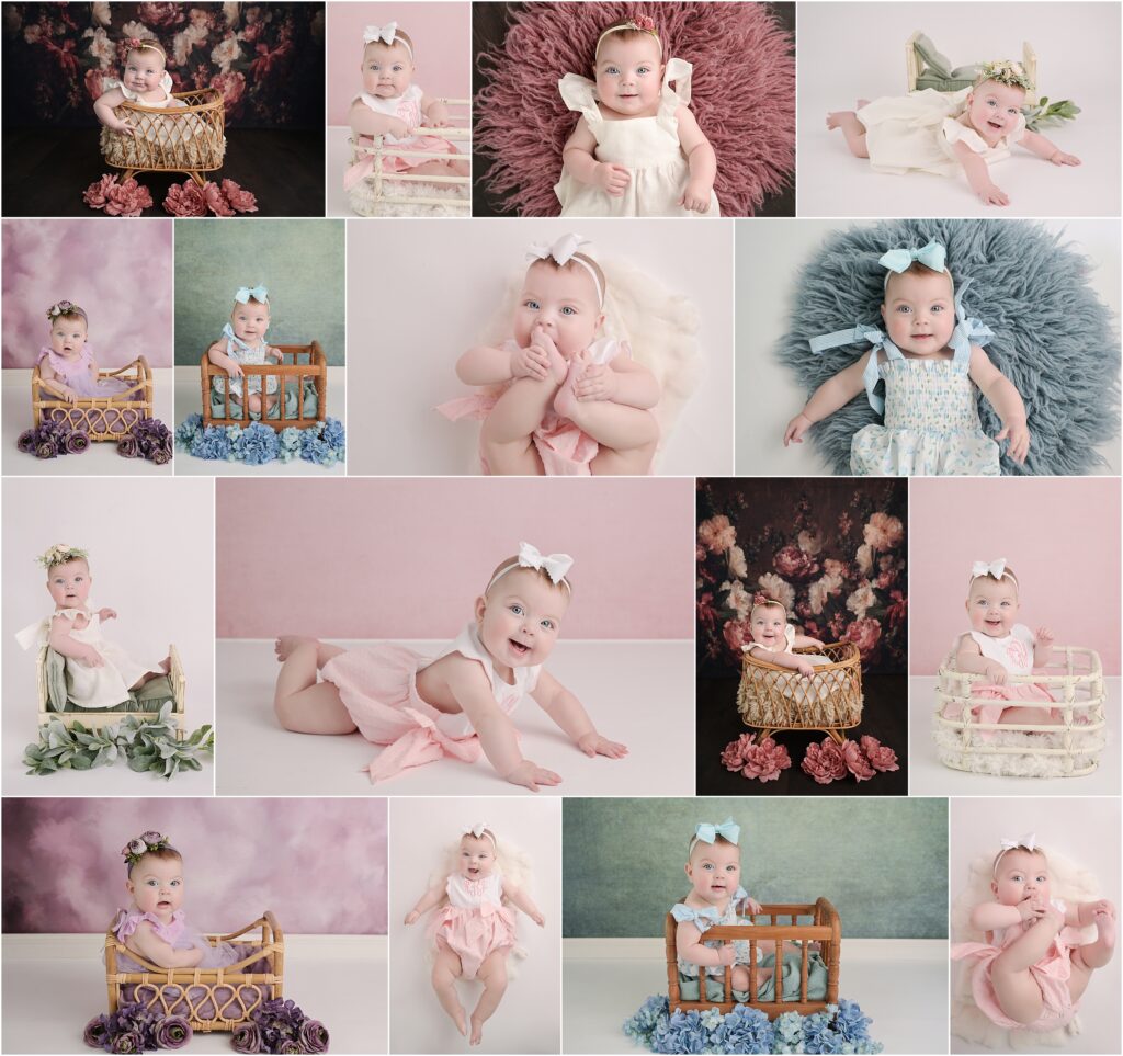 6 month old baby girl is photographed on lots of different floral and solid backdrops at her session with Cherilyn Haines Photography in Baton Rouge, Louisiana.