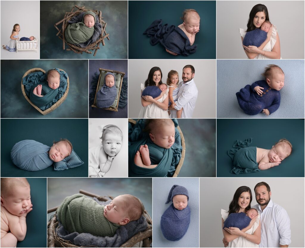 16 day old newborn baby boy is photographed with his big sister, mom, and dad at his teal and navy-themed newborn session with Cherilyn Haines Photography in Baton Rouge, Louisiana.