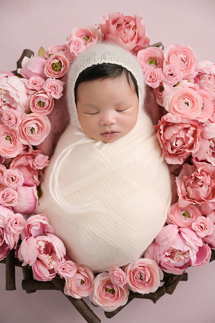 newborn baby girl is photographed surrounded by lots of pink roses