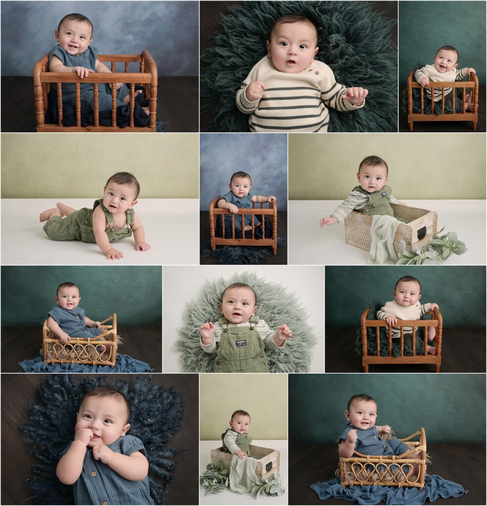 6 month old baby boy is photographed by cherilyn haines photography at her studio in baton rouge. He is photographed using some of the same setups as his newborn session to show his growth progression.