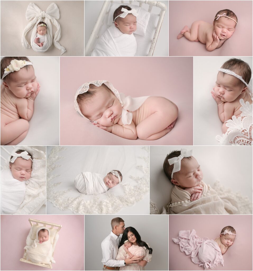 8 day old newborn baby girl is photographed by cherilyn haines photography at her studio in baton rouge, louisiana. This baby girl's newborn session is styled with neutrals and light pinks and incorporates girly touches, such as her mom's wedding veil, lace bonnets, and floral headbands