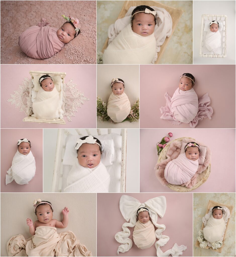 soft and feminine newborn session in Baton Rouge, Louisiana with Cherilyn Haines Photography; 18 day old newborn baby girl is photographed on different pink and neutral lace blankets, and girly props