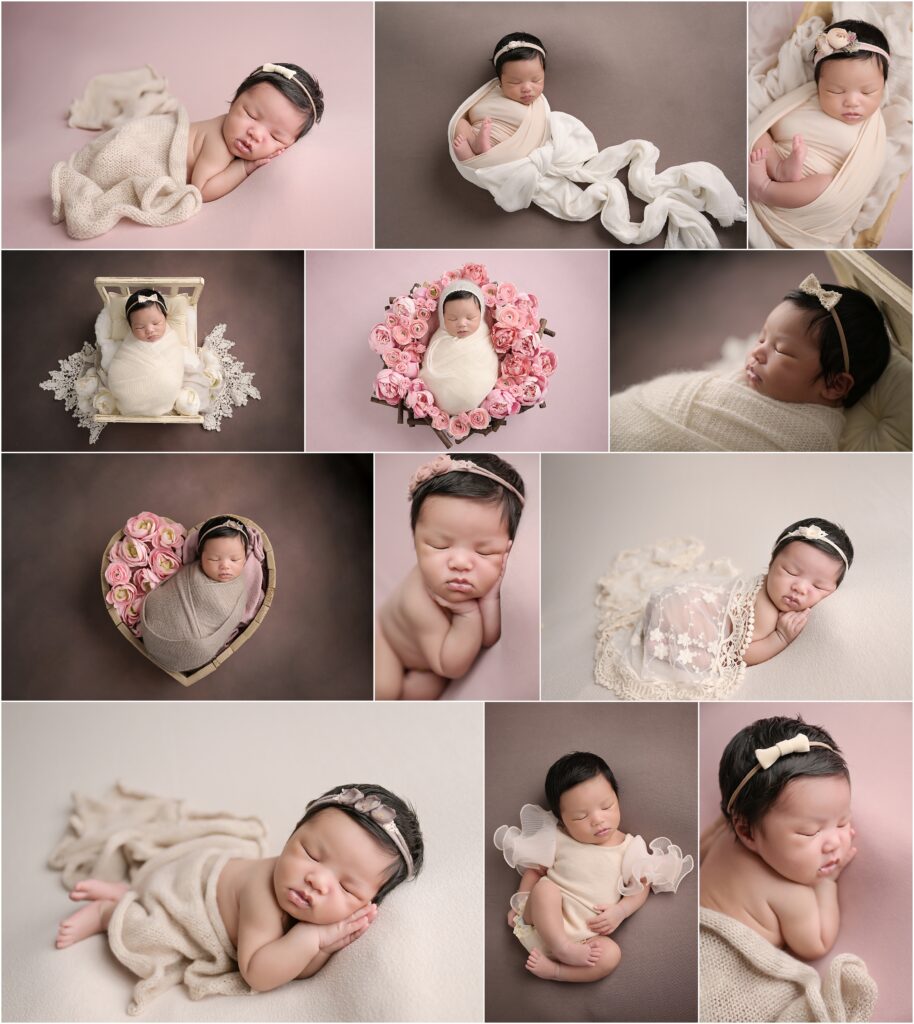 high-end newborn session in Baton Rouge with Cherilyn Haines Photography; newborn session is styled with neutrals and soft pinks with lace and floral accents