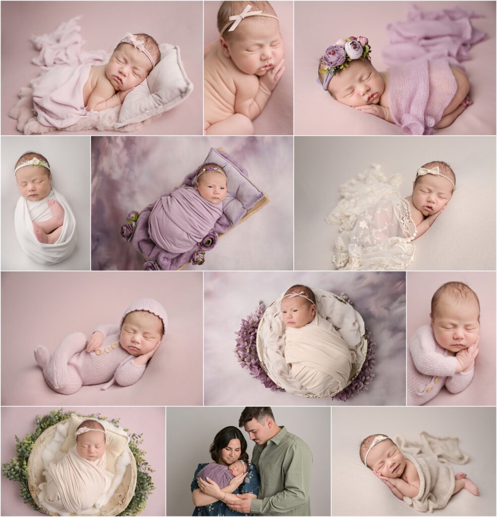 11 day old baby girl Genevieve during her Baton Rouge newborn photography session styled with pink and purple florals and lace, including family portraits with mom and dad
