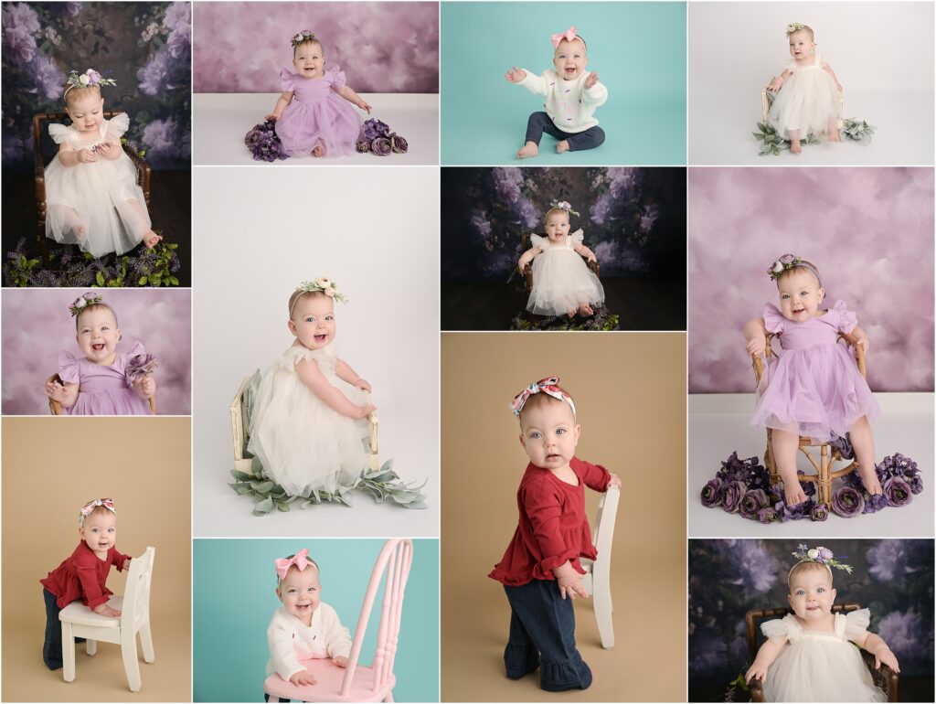 Collage of smiley baby girl with big blue eyes during her one year portrait session at Baton Rouge photography studio