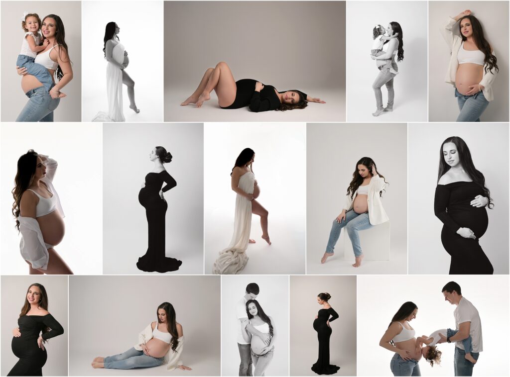 Editorial maternity portrait collage featuring Baton Rouge mom in black gown, ivory silk fabric, white blazer and jeans, and black bodysuit with husband and daughter in studio
