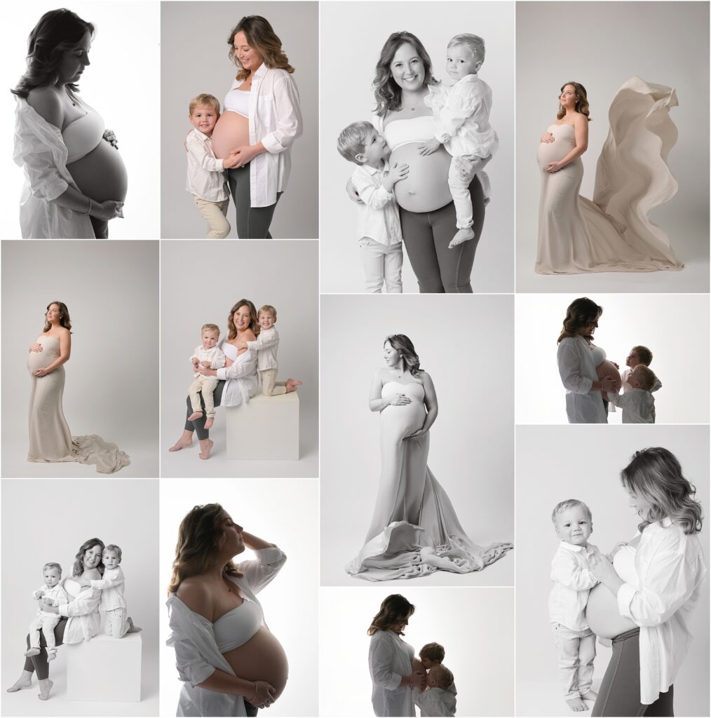 Baton Rouge maternity photography session of expecting mom with her two young sons in a classic white top studio portrait