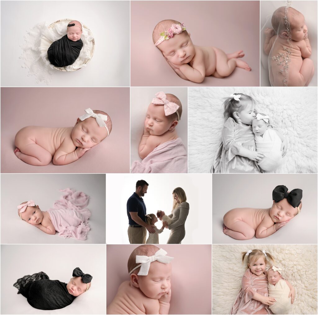 Baton Rouge newborn photography session collage featuring 11 day old baby girl styled with neutral tones, light pink, and black accents with family and sibling portraits