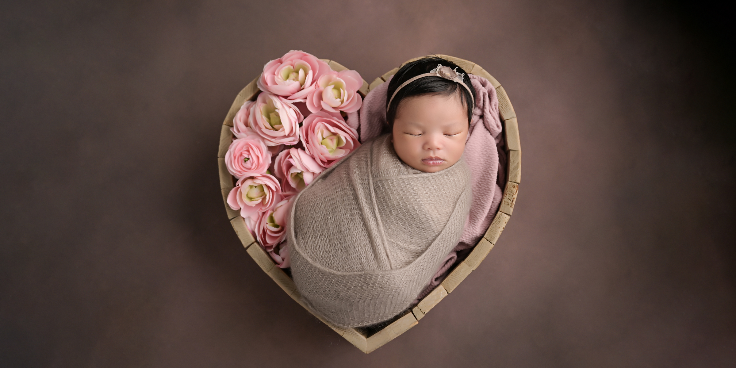 newborn portrait of baby sleeping in heart shaped bowl