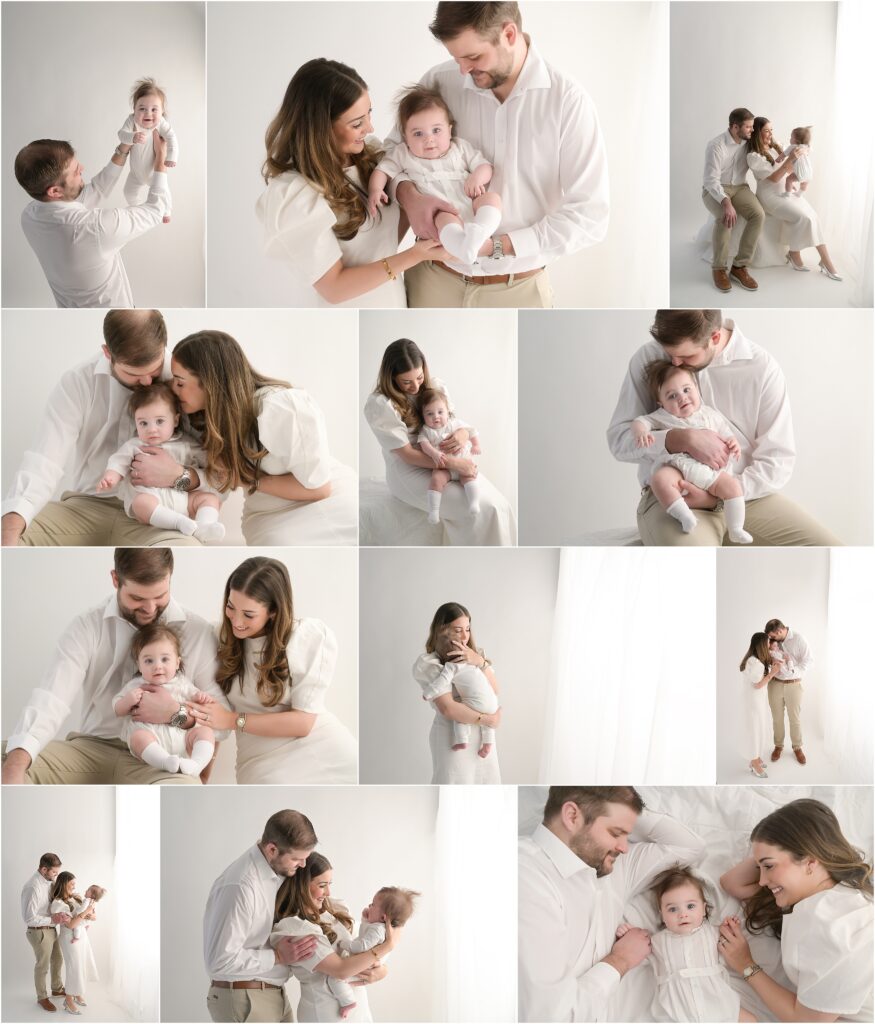 parents holding baby boy in light and airy studio lifestyle session baton rouge