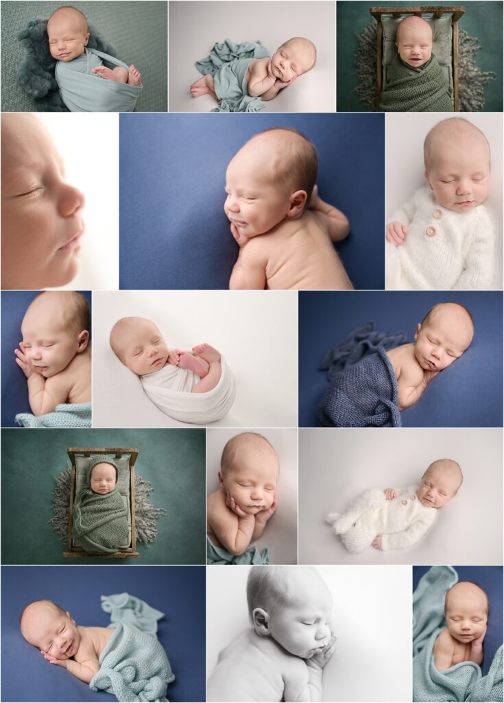 Newborn baby boy photography collage in Baton Rouge studio featuring blue, green, and neutral styled setups