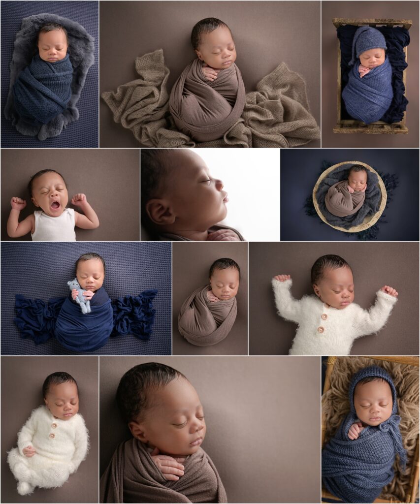 Collage of 28 day old baby boy during newborn photography session in Baton Rouge studio styled in blue, brown, and neutral tones