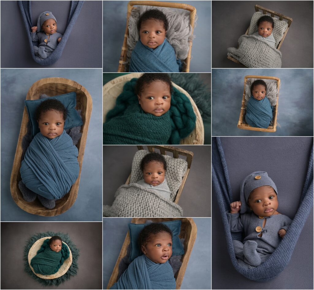 Awake 26 day old baby boy newborn portraits in Baton Rouge photography studio