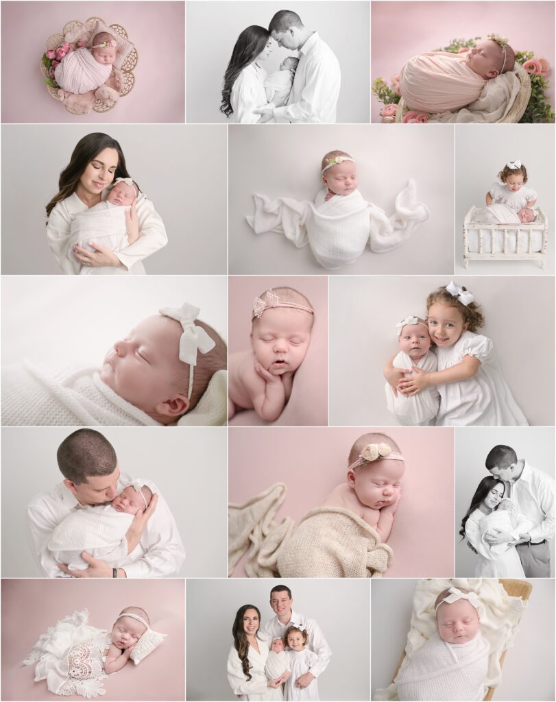 Collage of newborn baby girl portraits with parents and big sister at Baton Rouge photography studio