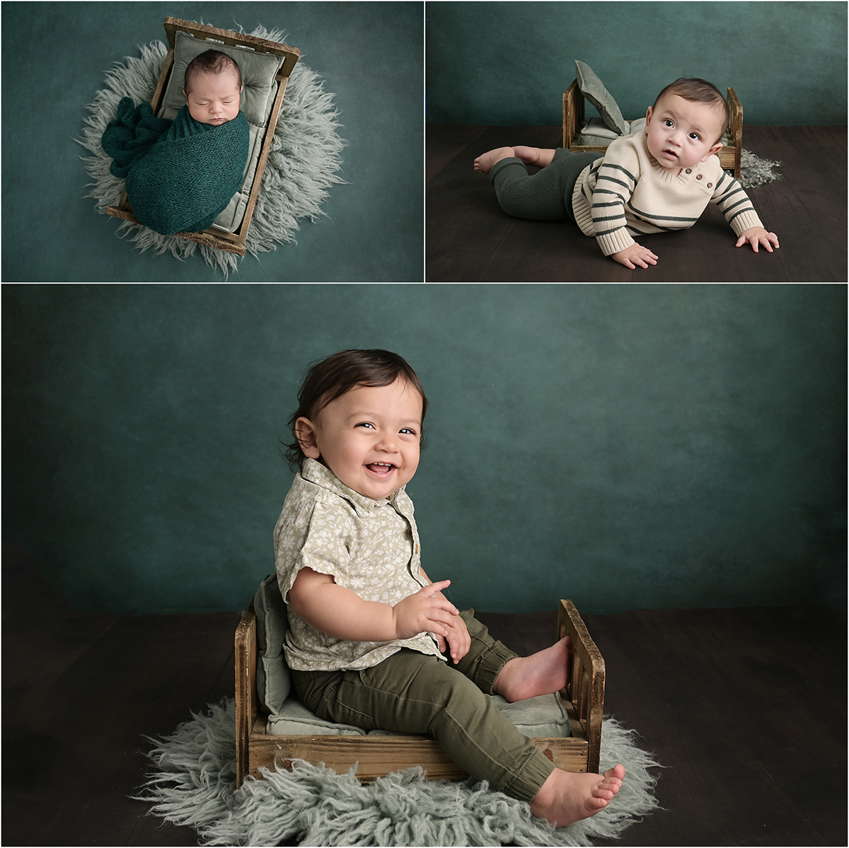 Baby boy first year portrait collage featuring newborn, 6-month, and 1-year milestone sessions on a dark emerald green backdrop with a wooden bed.