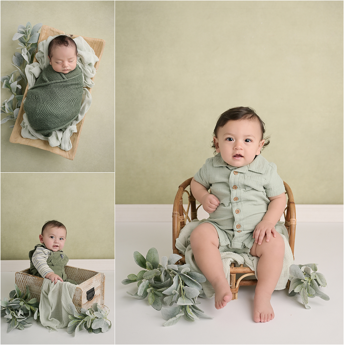 Collage of baby boy milestone portraits featuring newborn, 6-month, and 1-year photos on a light green backdrop with wooden props at a Baton Rouge baby photography studio.