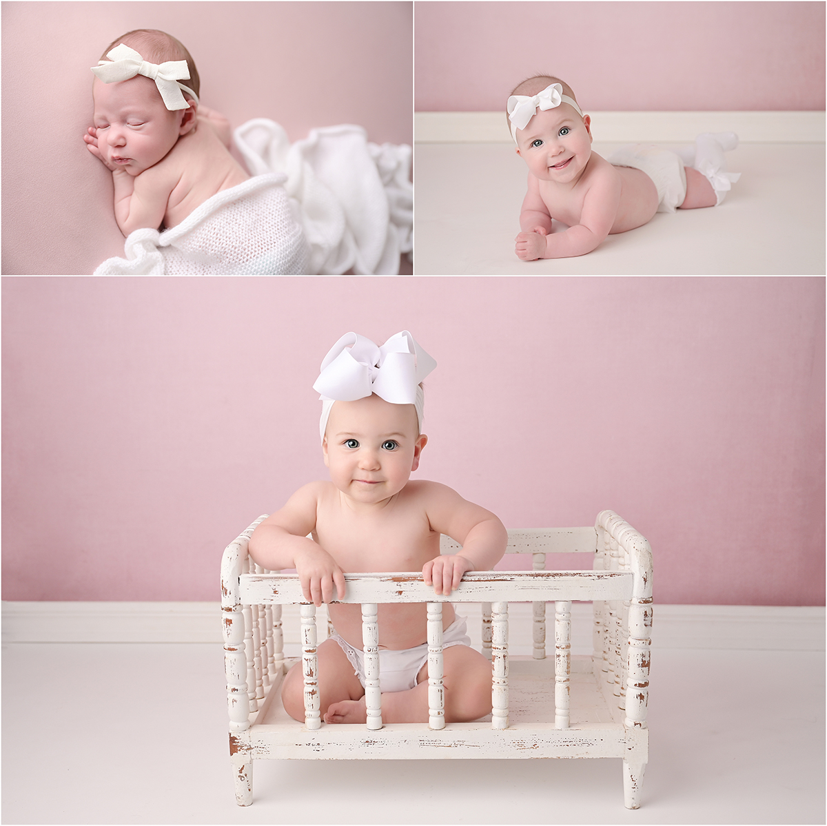 Baby girl first year milestone collage featuring newborn, 6-month, and 1-year portraits on a pink backdrop with a white bow and coordinating accessories.