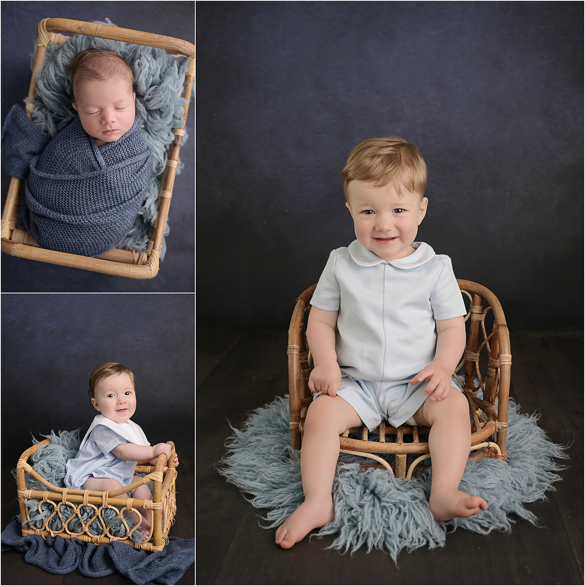 Collage of baby boy milestone portraits including newborn, 6-month, and first birthday photos on a dark navy backdrop with coordinating props.