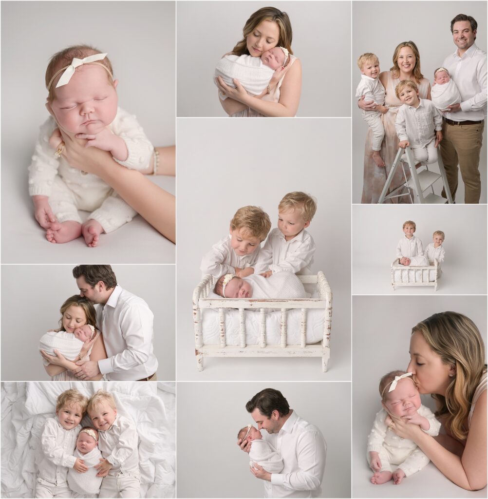 Collage of newborn baby girl with her parents and two proud big brothers during a family newborn photography session in Baton Rouge.