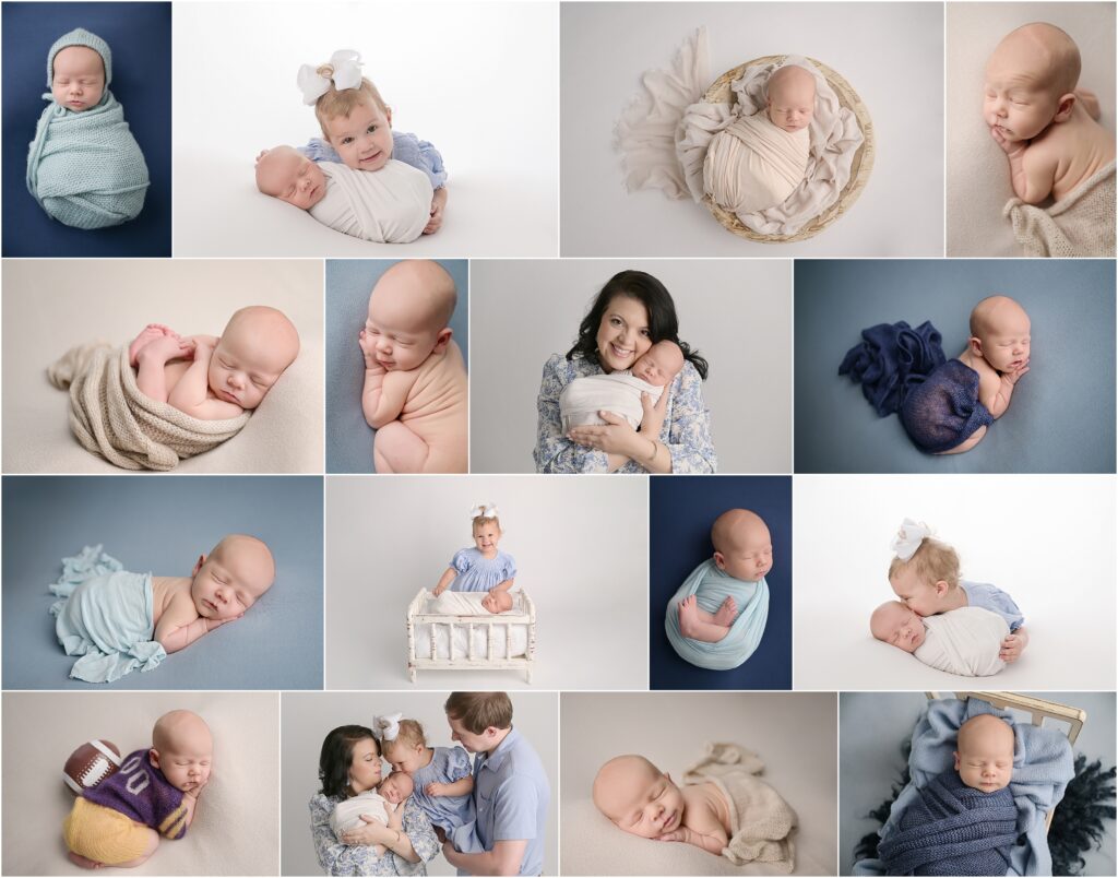 Collage of newborn baby boy Bennett featuring blue and neutral newborn portraits with family and sibling photos at Baton Rouge photography studio