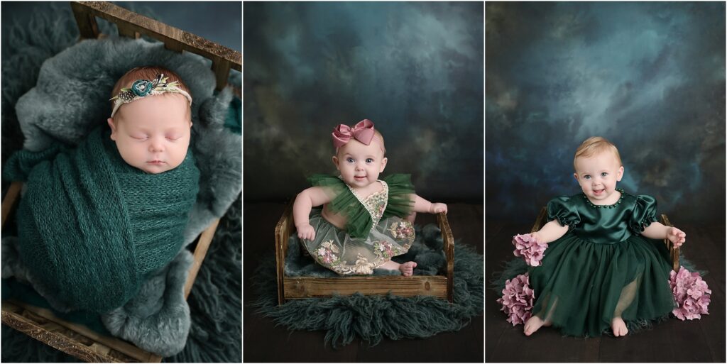 Three-image collage showing Kenzleigh's newborn, six-month, and one-year milestone portraits on the same recreated setup as part of her JOY Plan photography experience.